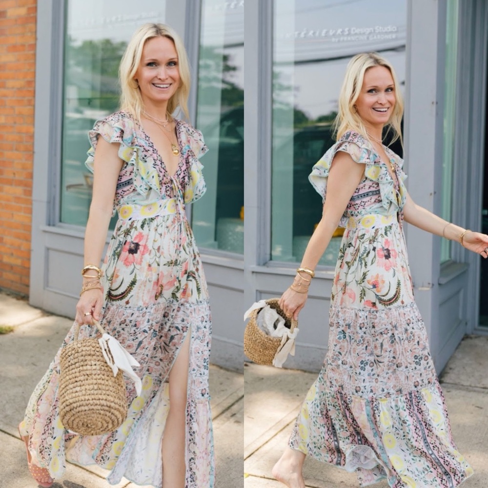 Hemant & Nandita Sakura Crinkle Chiffon Midi Maxi Dress Size Large NWT